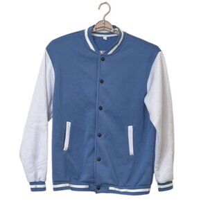 Varsity Jacket Mens XL Blue White Fleece Lined Snap Button Pockets Striped Trim